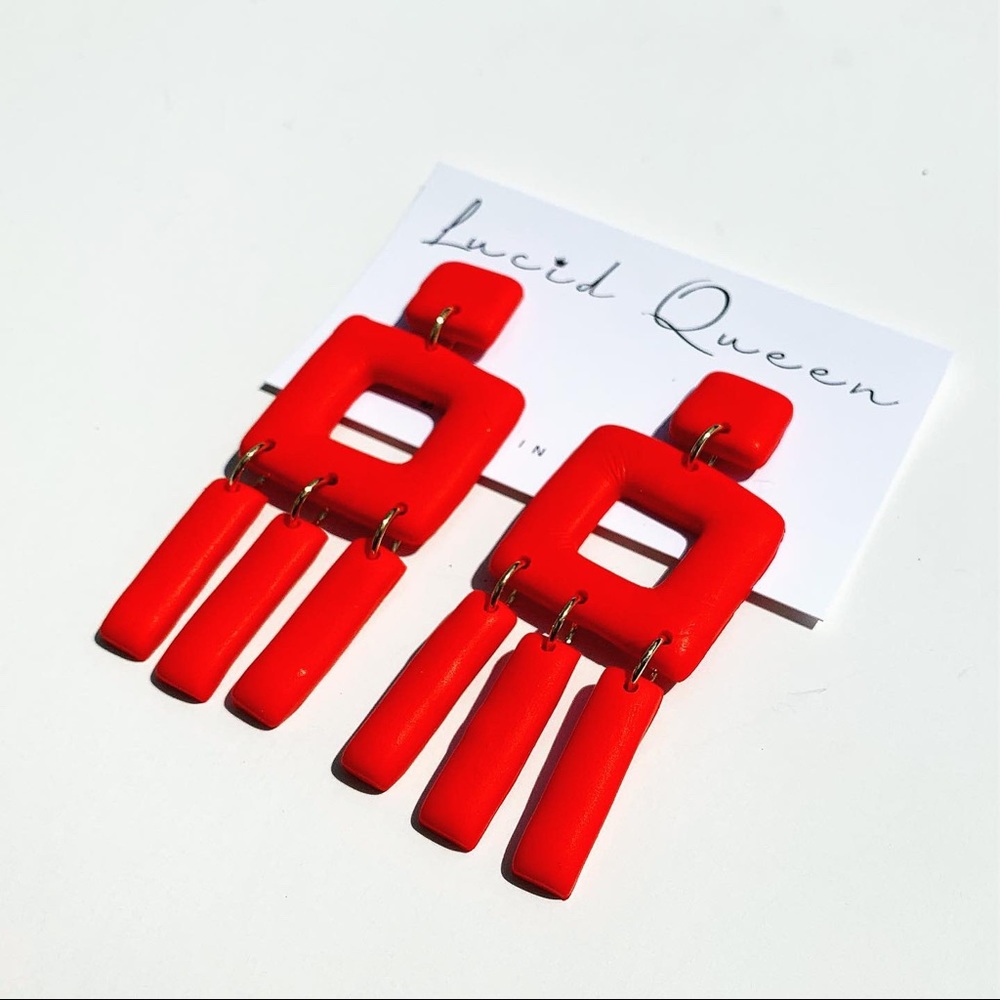 Red Aztec Earrings - Picture 2 of 4